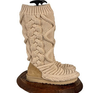 UGG Boots Womens 8 Cream Classic Tall Chunky Knit Wool Leather Breathable